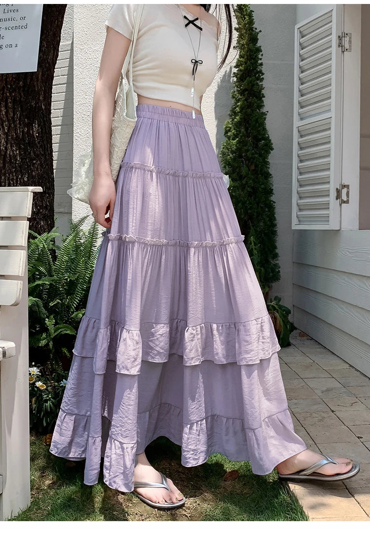 White Tiered Ruffle Hem Skirt 2025 - High Waist Flowy A-Line Maxi Skirt, Summer Chiffon Layered Skirt with Pleats