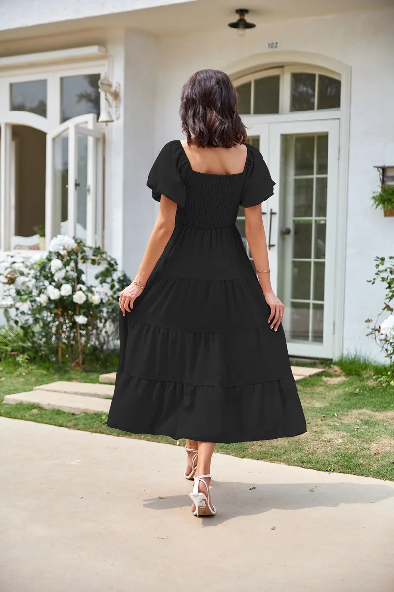 2026 Spring Summer Elegant Women's Long Dress Fashionable Solid Color Square Neck Puff Sleeve Pleated Slim Fit Loose Hem Dress