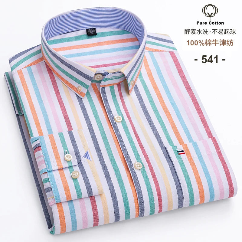 Men's 100% Cotton Oxford Plaid Dress Shirt - Long Sleeve Slim Fit