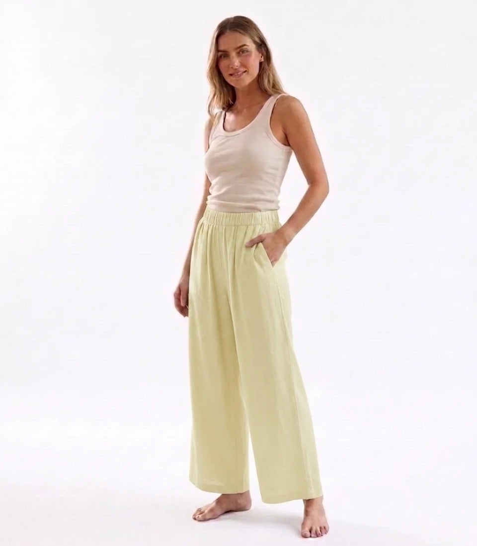 Women Casual Cotton Linen Wide Leg Pants High Elastic Waist Pleated Loose Trousers Pockets Solid Color Summer Boho Baggy Pants