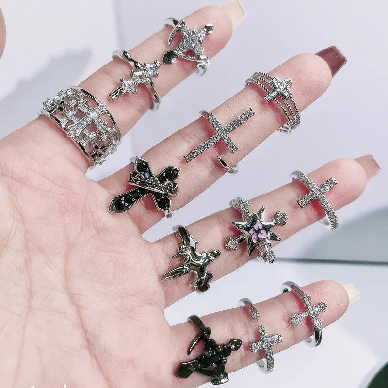 New Fashhhion Punk Dark Vintage Cross Open Rings For Women'S Luxury Copper Gold-Plated High-Quality Rings Y2K Style Jewelry