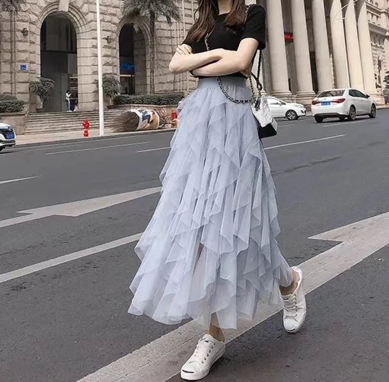 French Romantic Layered Tulle Cake Skirt, High-waisted Slimming Asymmetrical Midi Fairy Skirt