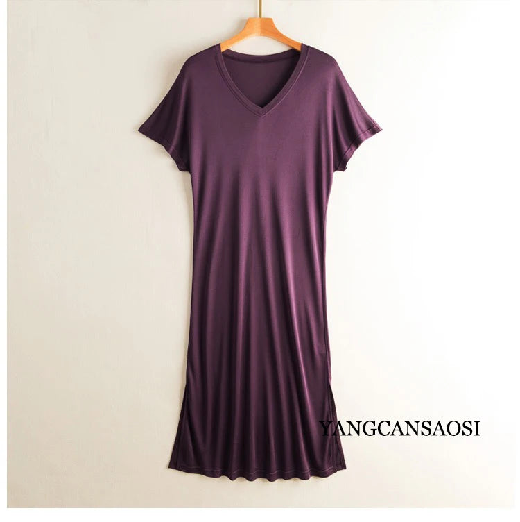 Women's Casual Summer New 23% Natural Mulberry Silk Side Slit V-neck Loose Shoulder Short Sleeved Solid Color Base Knitted Dress