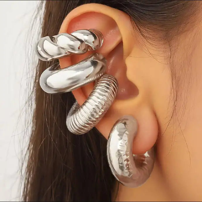 Elegant Clip On Ear Cuff Set For Women Silver No Piercing Leaf Circle Design 5 Pcs Gift Bundle