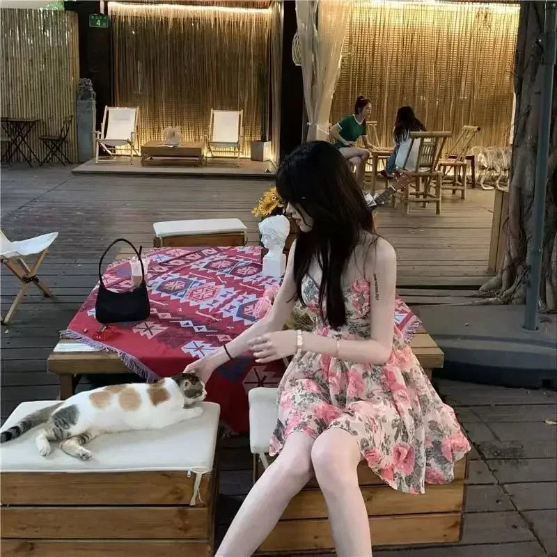 Nice Elegant High-waisted Slimming Floral Tank Dress For Women Spring Summer French Style Petite Mini Dress A- Line Sleeveless