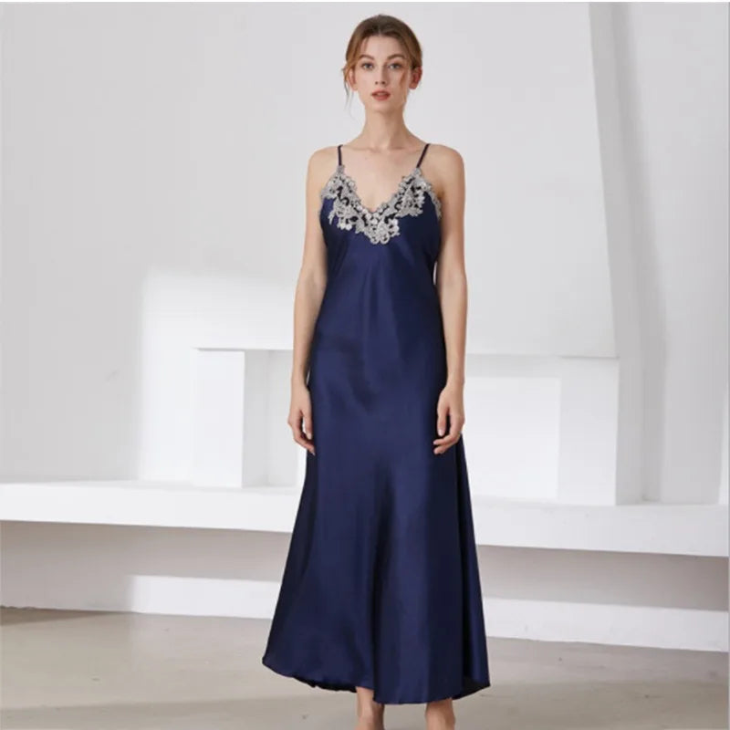 1 PCS Women's Silk Like Lace Sexy V Neck Long Sling Sleep Dress Pajamas Elegant Soft Skin-Friendly Fashion Home Wear