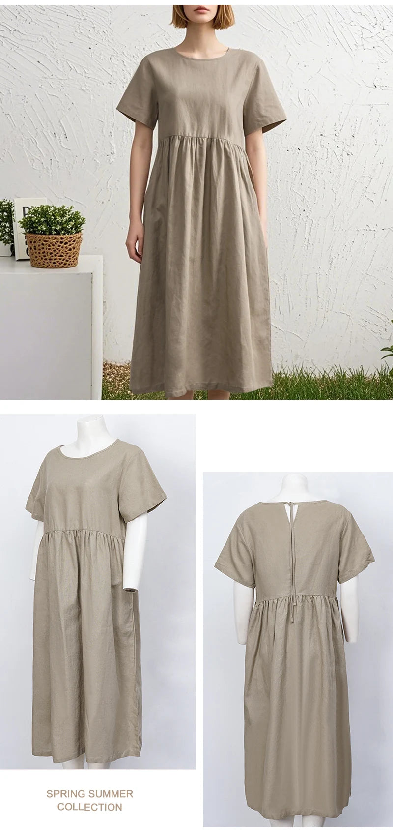 Women Cotton Linen Midi Dresses Summer Chic Female Vestidos Loose A-Line Dress Short Puffy Sleeve Casual Sundress
