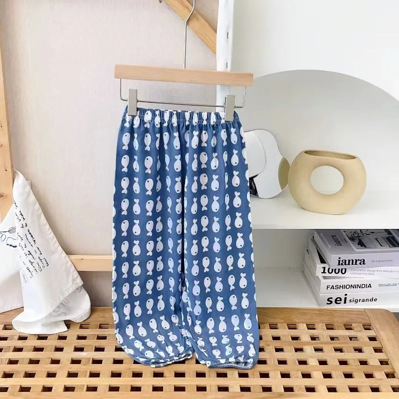 Children's Unisex Ice Silk Casual Pants - Cartoon Print Summer Home