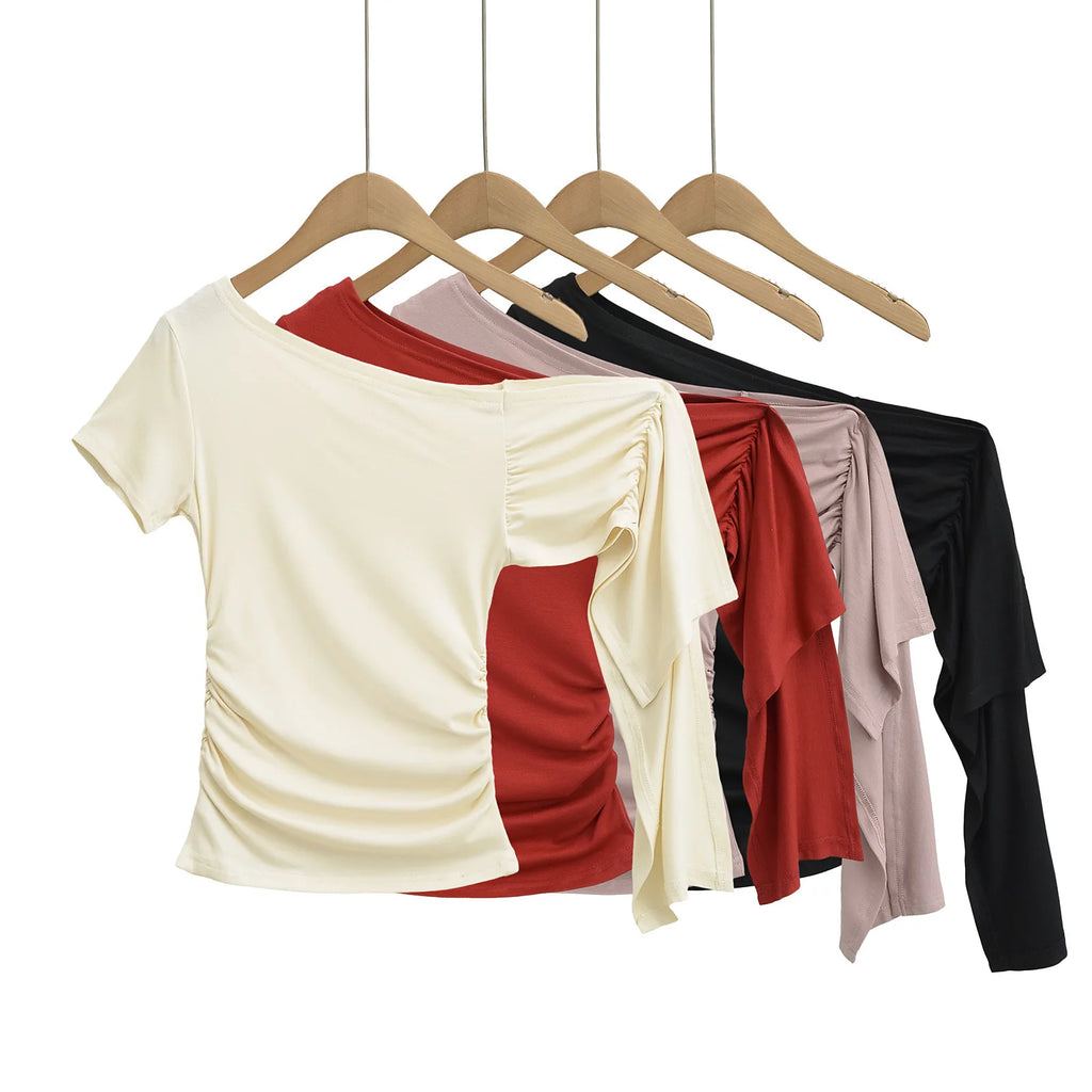 Slim Fit Asymmetric Shoulder T-Shirt Women's Summer Short Sleeve Top with Sash Street Style Sexy Trendy Pure Desire Design