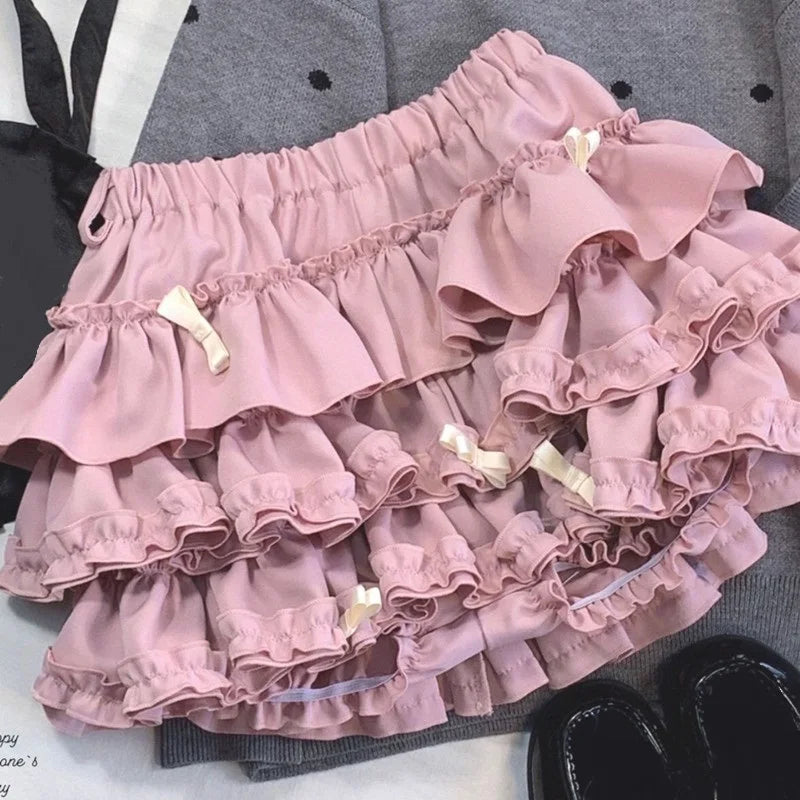 Women Short Skirt Female Elastic Waist Tutu Skirts Ruffled A-line Mini Pleated Cake Skirt