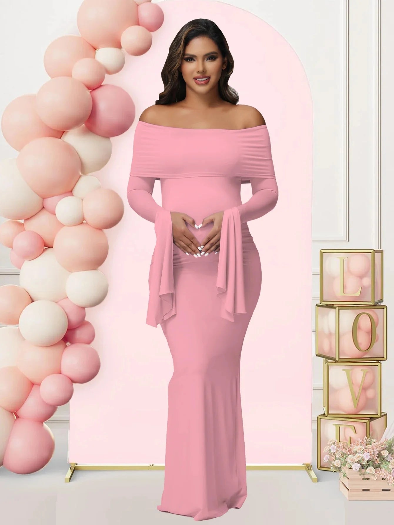 Off - Shoulder Bodycon Maternity Maxi Gown | Baby Shower Photoshoot
