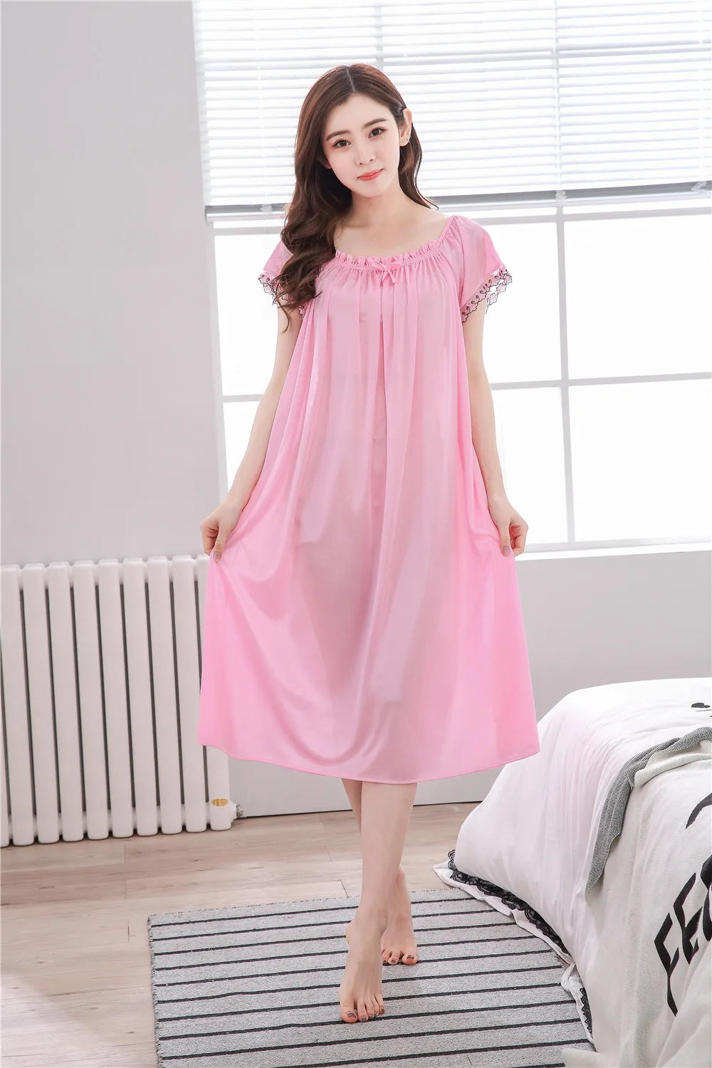 2026 New Women's Summer Imitation Silk Sleeping Skirt Multi Colored Short Sleeved Home Clothes Ice Silk Pajama Dress