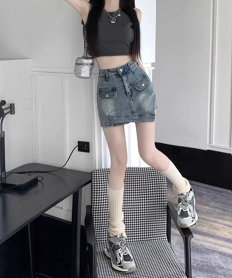 Retro Spicy Girl Uneven Denim Mini Skirt High Waist Slim Fit Women's Summer New Style Short Skirt Bodycon Skirt New Style