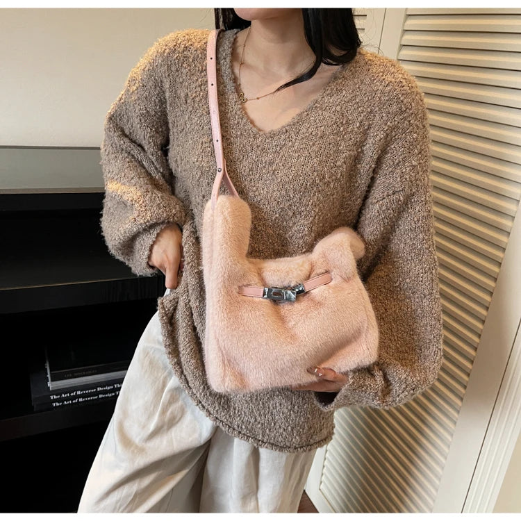 Fashionable Women's Bags Trend 2025 Faux Fur Shoulder Bags Plush Faux Mink Luxury Handbags Chic Crossbody Bag Solid Color Purses