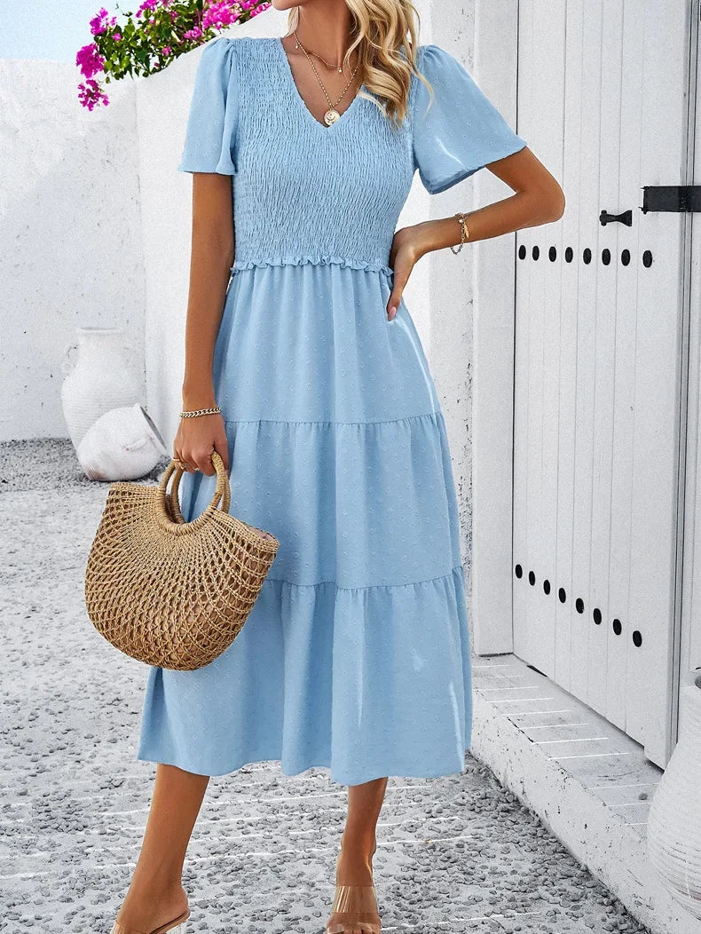 Summer Women's Casual Polka Dot Long Dress Vacation Boho Short Sleeve Solid V-neck Beach Sundress Elastic Waist Midi Dresses