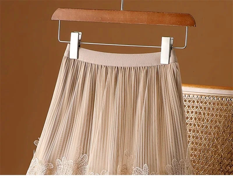 Woman Mesh Long Midi Cake Skirt Solid Color Elegant French Tiered Fairy Tulle Skirts Khaki Casual High Waist Faldas