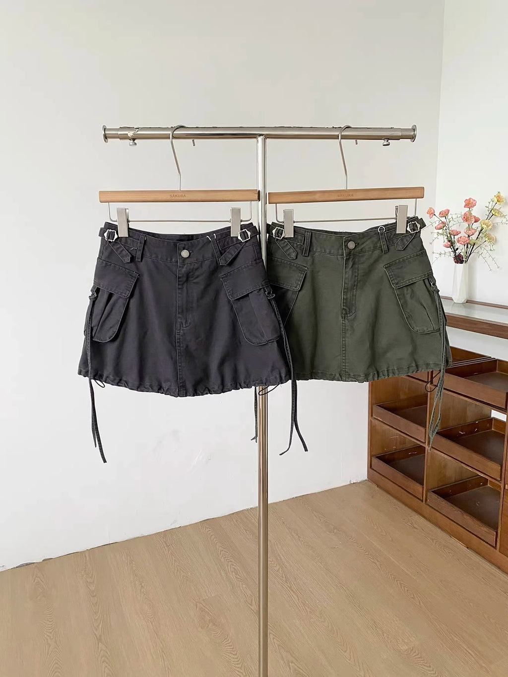 Women's Autumn Winter Pockets Drawstring Denim Skirt Lady Solid Color High Waist A Line Short Skirt