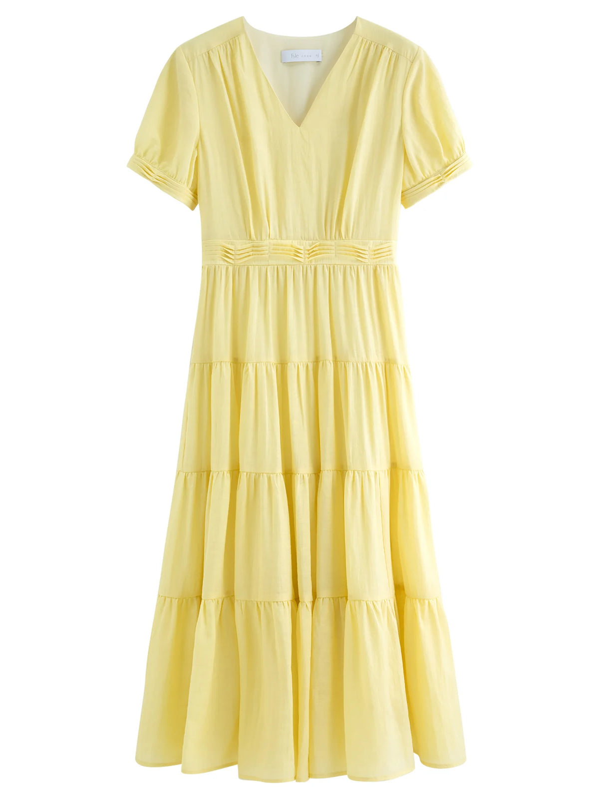 FSLE V-neck Puff Sleeve Pleated Waist Dresses Women New Summer 2026 High-waisted Cut Short Sleeve Mid-calf Length Fairy Dress