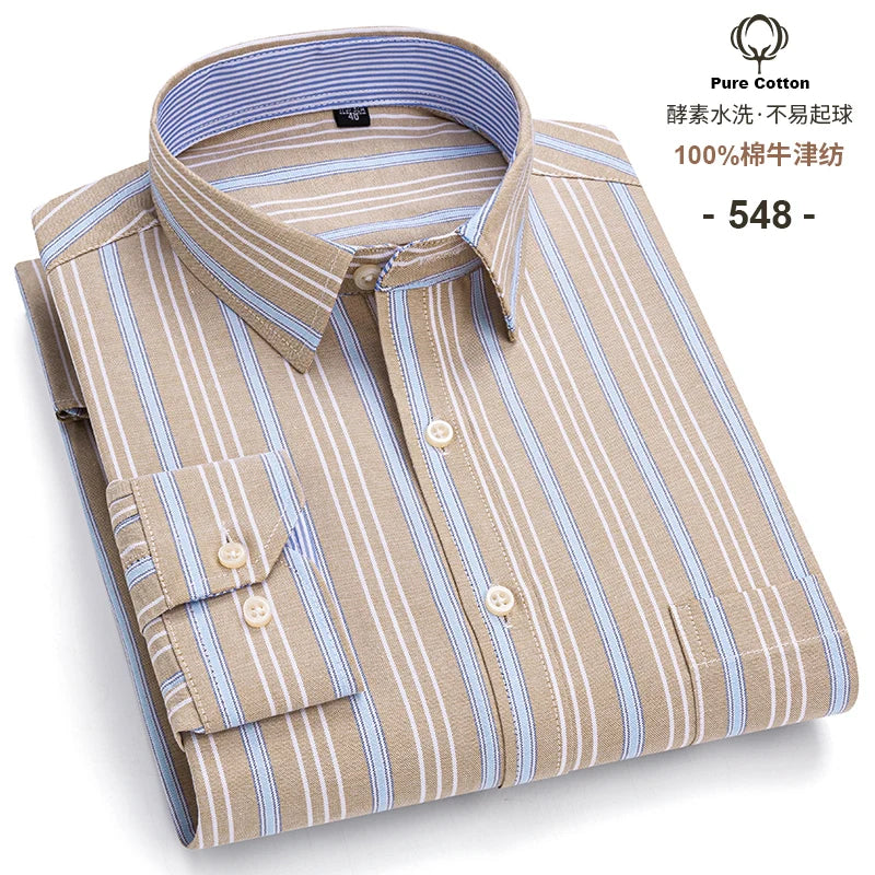 Men's Long Sleeve Plaid Oxford Shirt - 100% Cotton Button-Down
