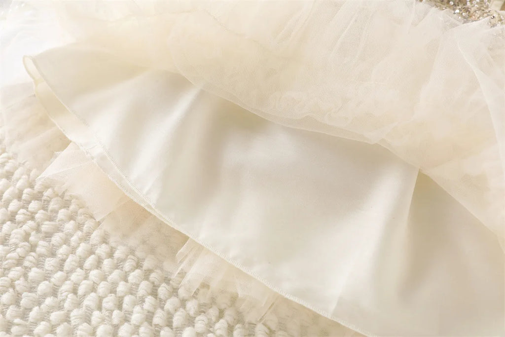 2026 New Summer 1-5Y Childrens Dress Sequin Tulle Sleeveless Girls Dress with Bow Decorations and Matching Sequin Veil