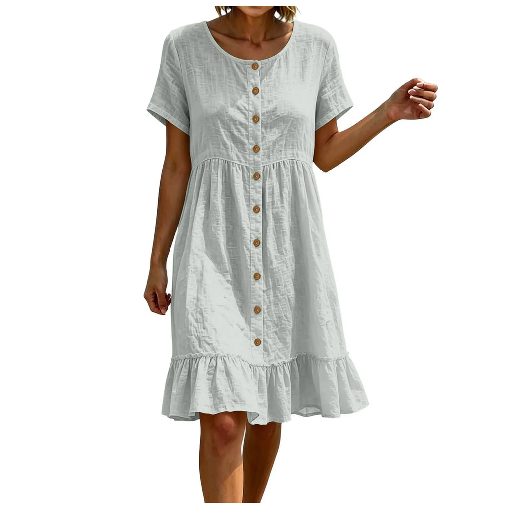 Women Casual Summer Dress Round Neck Front Button Down Short Sleeve Loose Midi Dress Solid Ruffle Hem Beach Cotton Linen Dreses