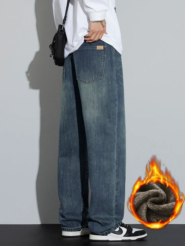 Winter Fleece Men'S Warm Jeans Loose Wide Leg Thickened Thermal Retro Denim Pants Fashion Straight Streetwear Plush Trousers