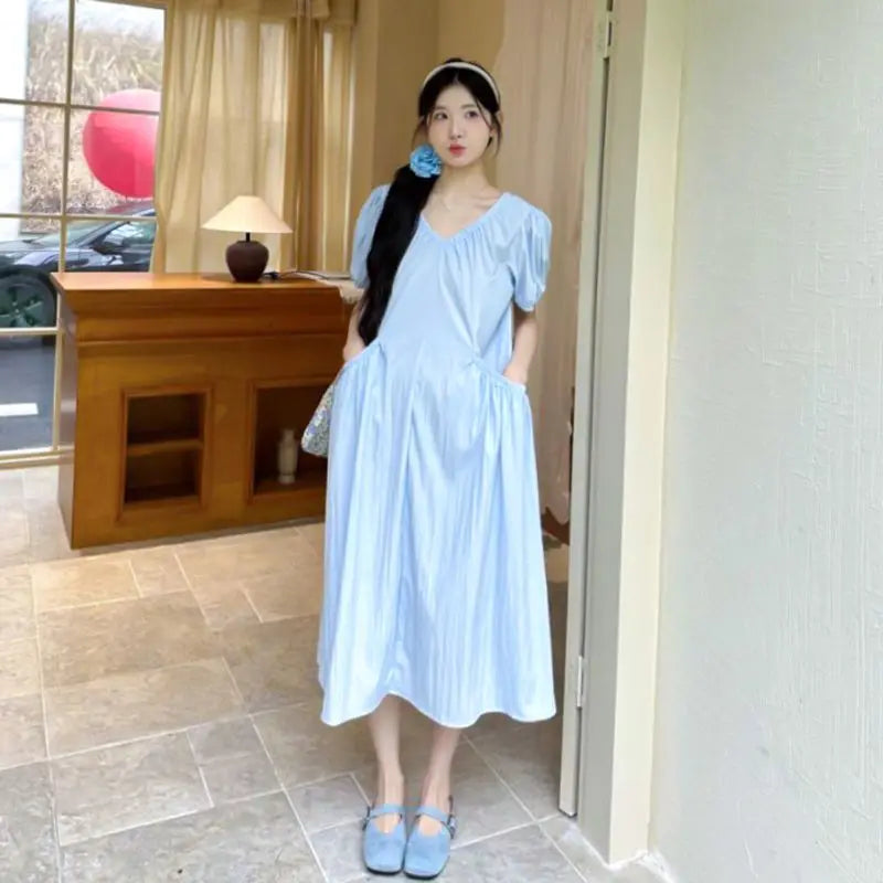 Korean Style Pregnant Woman Summer Dress with Pockets Puff Sleeve V-neck Maternity Pleated Dress