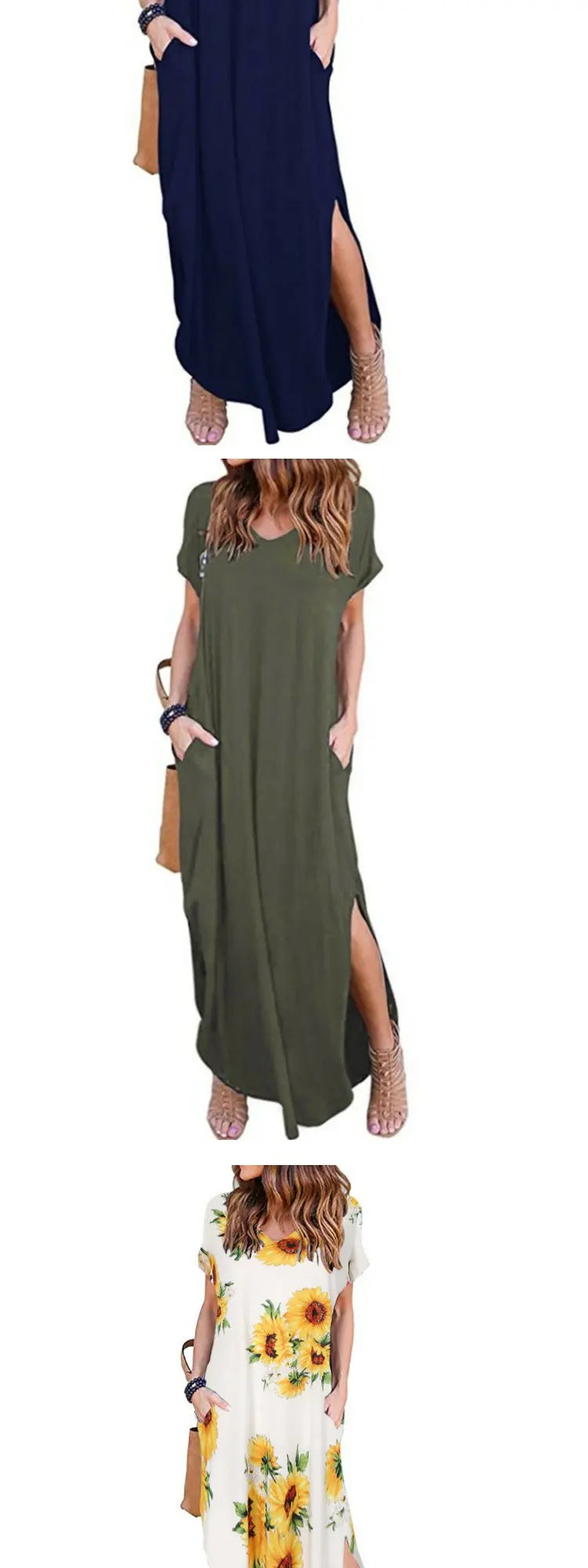 Pure Color Splice Short Sleeve V-Neck Slit Long Dress Loose Fit Women's Summer Cotton Polyester Maxi Dress Citywalk