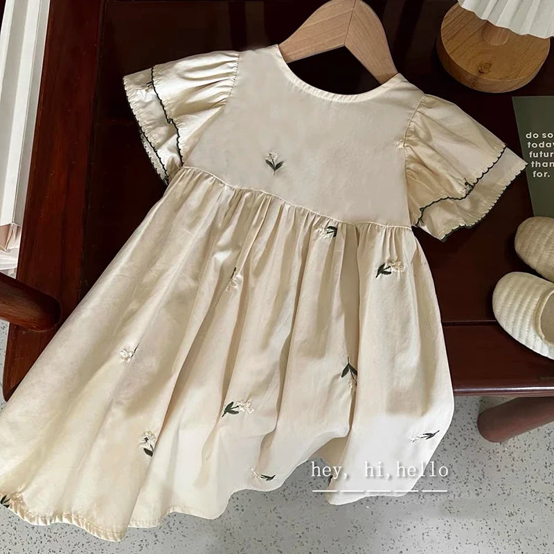 1-6Yrs Summer Girls Dress Baby Clothes Fashion Smocking Stitch Girls Dress Puff Sleeve Floral Cotton Baby Girls Princess Dresses