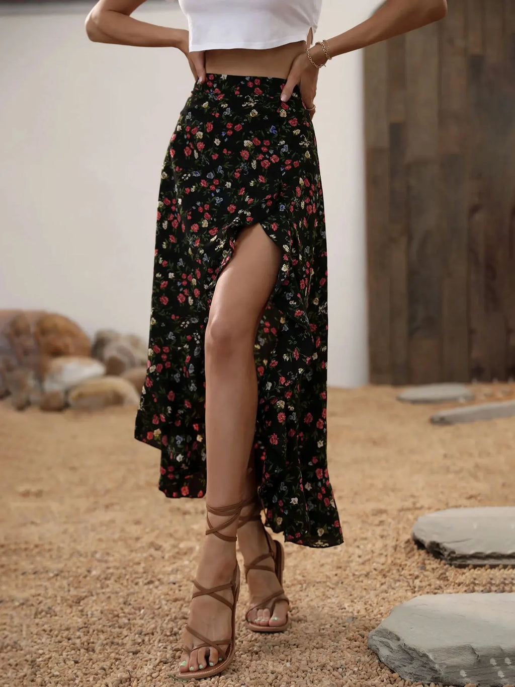 Ladies Floral High Waist Asymmetrical Hem Mid-Length Split Skirt Casual Holiday Fashion Spring Summer Polyester Fabric Elegan...