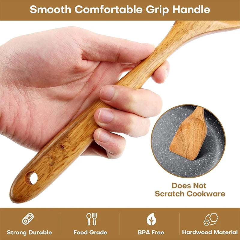 LMETJMA 10 Unidades de Utensilios de Cocina de Madera de Teca Natural, Juego de Cucharas y Espátulas de Madera para Cocinar y Hornear JT503