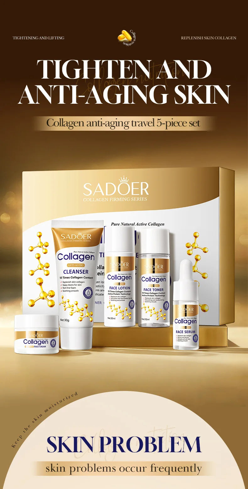 5pcs SADOER Collagen Skin Care Sets Moisturizing Face Cream Eye Cream Serum Essence Whitening Anti-Aging Facial Skin Care Kit