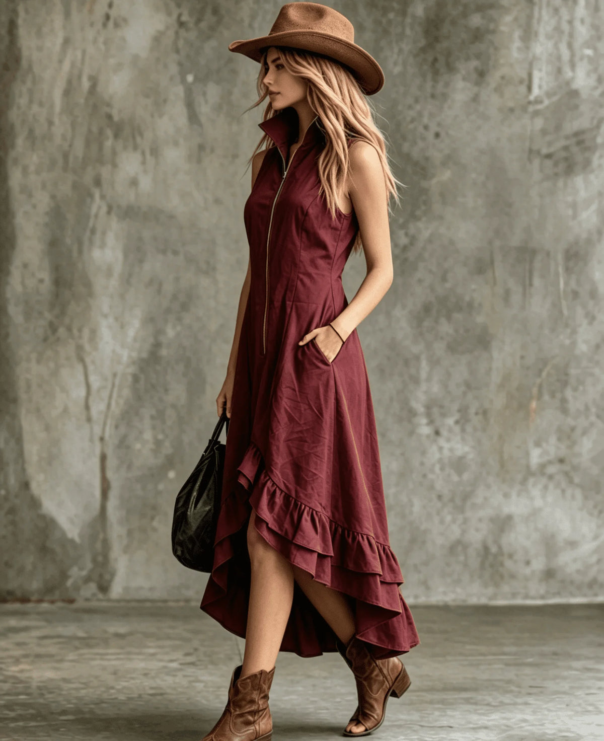 Women's Sleeveless Half Zip Maxi Dress Stand Collar High Low Ruffle Hem A-Line Long Dress with Pockets