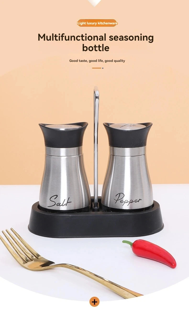 Botella de cristal para especias de cocina, juego de 2 molinillos de sal y pimienta recargables ajustables con estante, dispensador de especias con orificios para verter