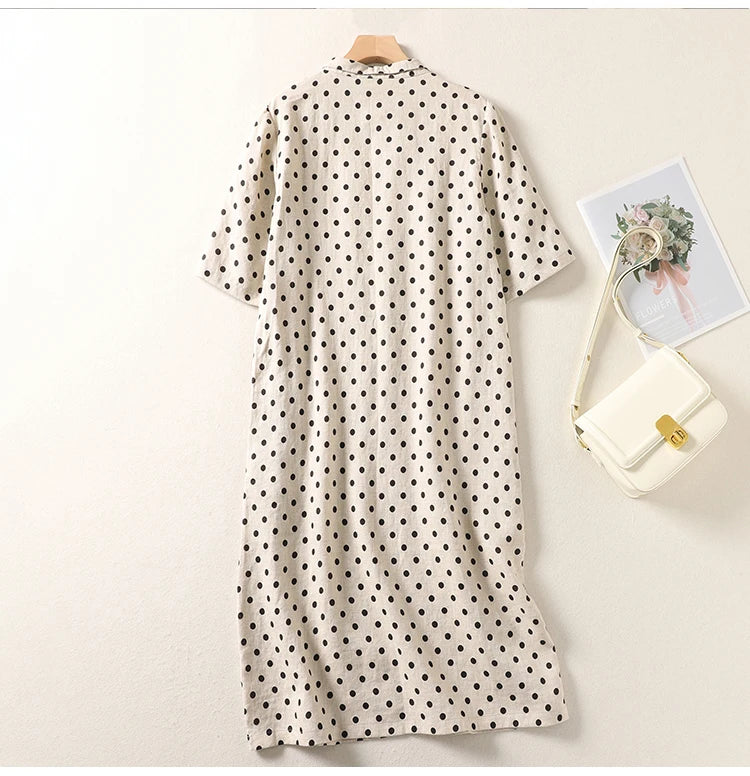 Summer Vintage Polka Dot Cotton Lin Short Sleeve Women's Dress Loose Slimming Gown Side Buttoned Midi Skirt A-Line Dress