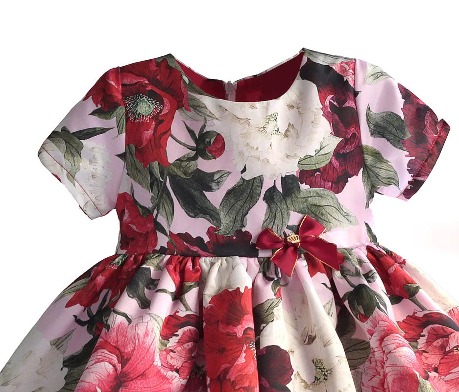 Fashion Floral Girls Party Dress Red Cotton Kids Children Dresses Golden Crown Bow Girl Clothing for Party Wedding