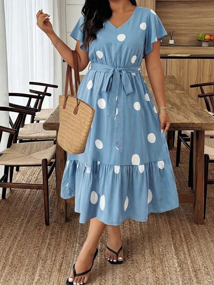 GIBSIE Plus Size Polka Dot V-Neck Belted Ruffle Hem Dress Women Casual Vacation Flounce Sleeve Big Swing Summer Long Dresses