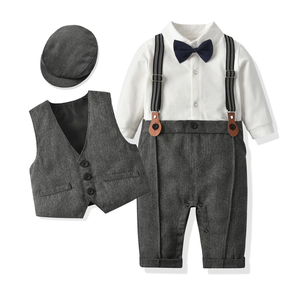 Baby Boys Gentleman Suit Formal 1st Birthday Newborn Outfit One-piece Jumpsuit+Vest+Bowtie+Suspender Toddler Clothes 1 2 3 years