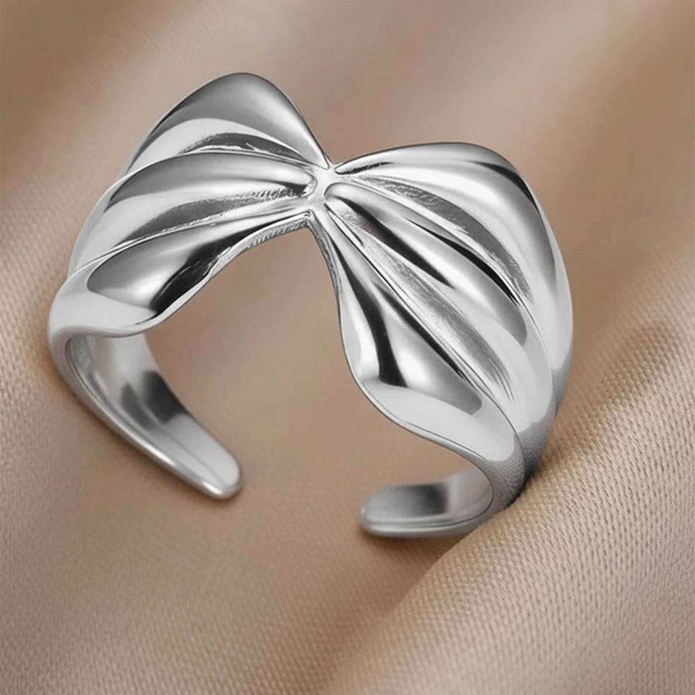 Dgiddk Retro Stainless Steel Bow Ring Adjustable Opening Design For Women Luxurious Punk Jewelry Gift
