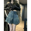 High-Waisted Denim Skirt Women's New Pleated Retro Blue Skinny A-line Flanged Wrap Hip Skirt