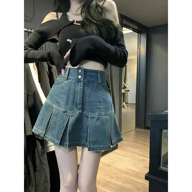 High-Waisted Denim Skirt Women's New Pleated Retro Blue Skinny A-line Flanged Wrap Hip Skirt