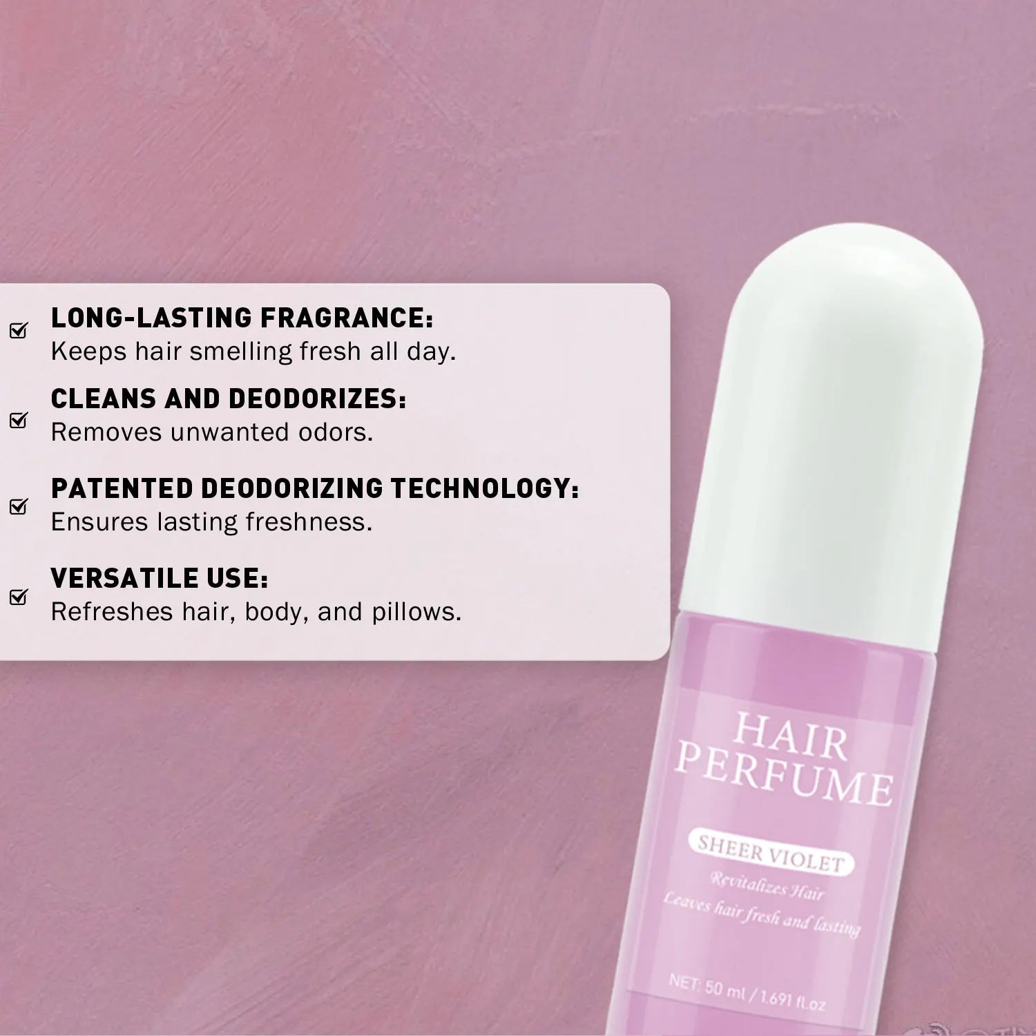 50ML Sheer Violet Hair Perfume for Women Clean Deodorizing Hair Spray & Body Mist Freshen Hair Body & Pillows Soft Musk Scent