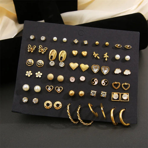 Brincos Jewelry Gold Color Earring Set For Women Elegant Vintage Butterfly Heart Pearl Crystal Studs 40Pcs Korean Style