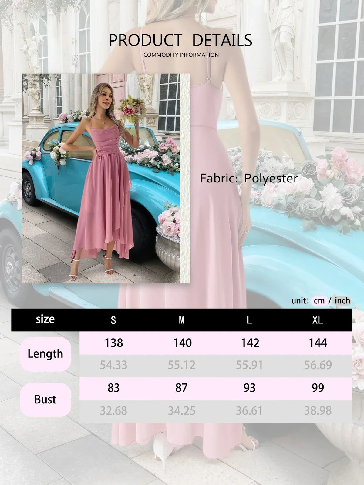 Wedding Party Gown Prom Elegant Pink Spaghetti Strap Draped Cowl Neck Women's Formal Evening Gowns Chiffon High Low Maxi Dresses
