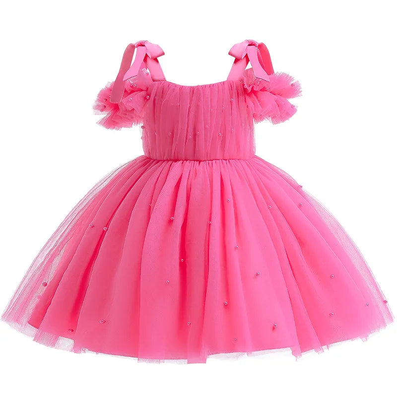 Flower Girls Elegant Cute Bow Pearls Tulle Princess Dress For Toddler Kids Formal Birthday Party Wedding Prom Pageant Puffy Gown