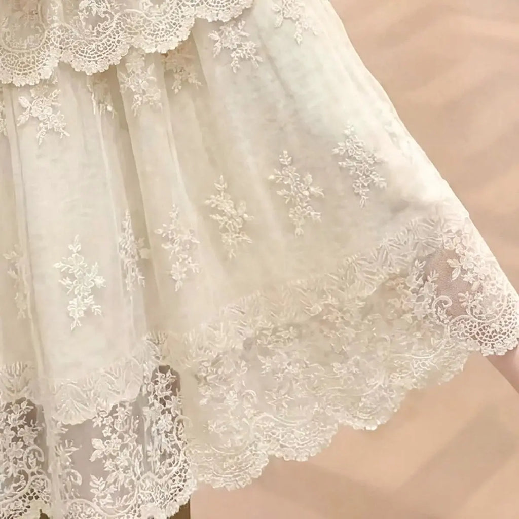 Women's Lace Floral Embroidered Tiered Maxi Skirt Casual High Waist A-Line Skirt