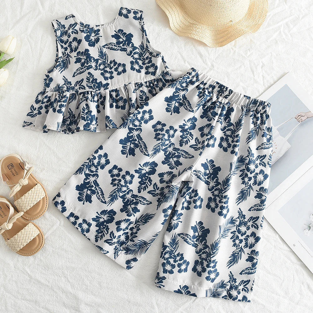 Girls Retro Floral Top & Wide-Leg Pants Two-Piece Set