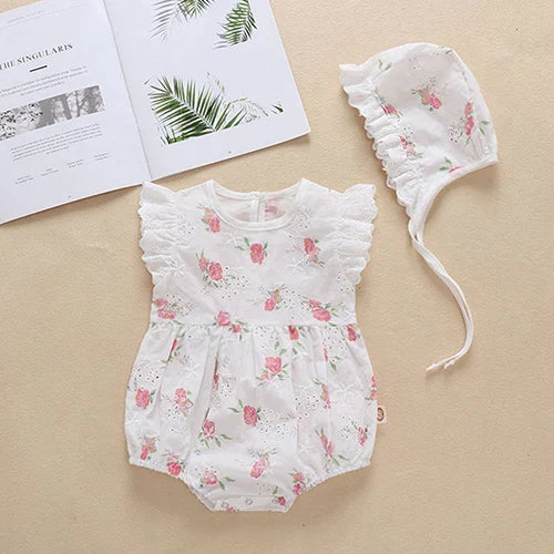 Baby Girl Sleeveless Romper and Hat Set - Cotton Print, 0-24M