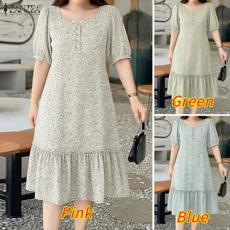 ZANZEA Women's Floral Printed Midi Dress Square Neck Half Puff Sleeve A-Line Dresses Summer Pullover Ruffled Hem Robes Femme