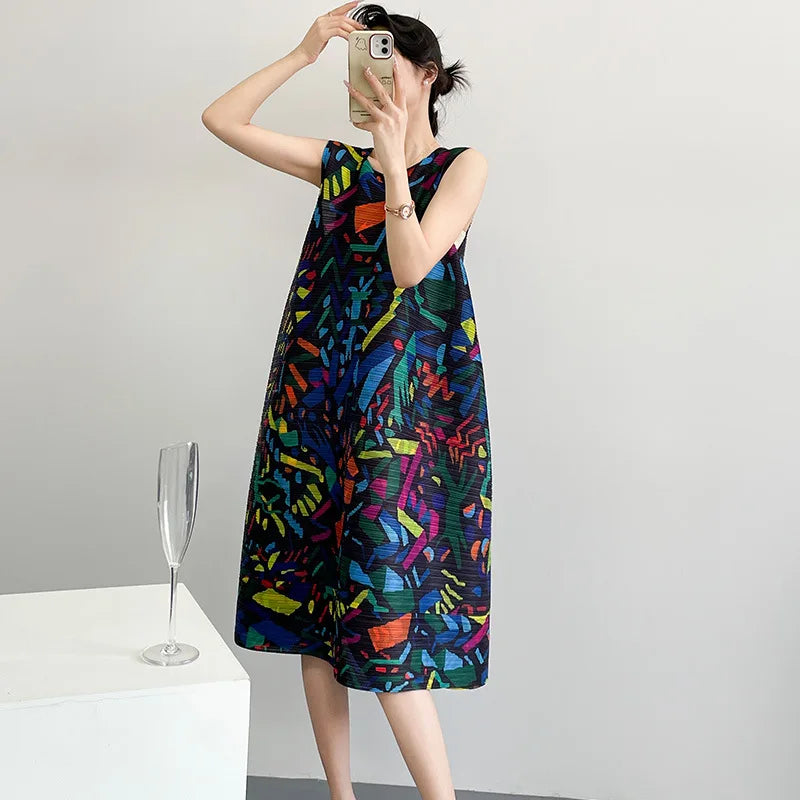 2026 Summer Retro Print Design Flared Dress Women Loose Fit Plus Size Fashion Elegant Sleeveless Dress Travel Vacation Wear
